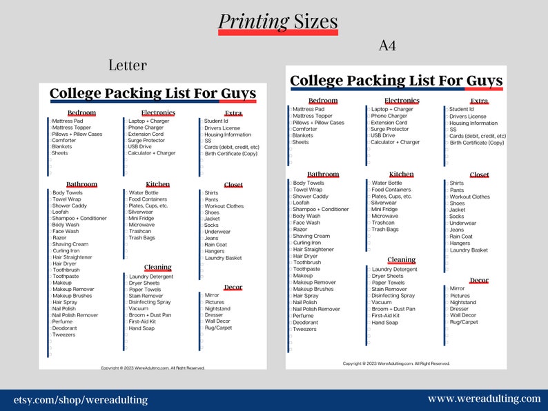 Printable College Packing List for Guys Dorm Packing Organizer DIY