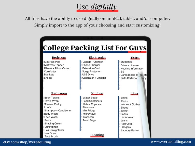 Printable College Packing List for Guys Dorm Packing Organizer DIY