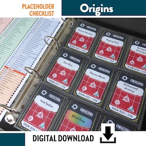May include: A binder filled with trading cards in protective sleeves. The cards are red and black with white and blue graphics and text. The word "Origins" is at the top, and "Digital Download" is at the bottom. A checklist is visible on the left.