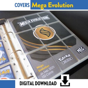 May include: A clear plastic binder for trading cards, with the text "Mega Evolution" and "Pokémon Trading Card Game." The binder has a black and gold design with a circular emblem. The image also includes the text "26 Sep. 2025" and "132 Cards."