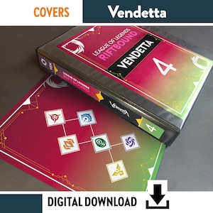 Pode incluir: Um fichário preto com uma capa de League of Legends Riftbound Vendetta 4 apresentando um fundo degradê vermelho e verde. Um cartão retangular correspondente exibe um degradê vermelho e verde com seis ícones quadrados conectados por linhas brancas.
