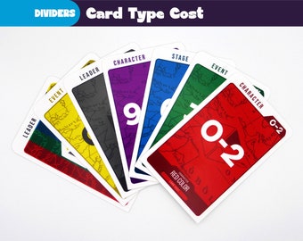 May include: A fan of colorful game cards with text that reads "DIVIDERS Card Type Cost". The cards are labeled "LEADER", "CHARACTER", "STAGE", and "EVENT". The red card shows "0-2" and "RED COLOR".