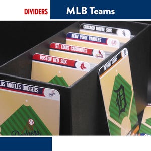 May include: Black box containing baseball team dividers. Each divider features a baseball field graphic and team name, including Los Angeles Dodgers, Boston Red Sox, and Detroit Tigers. The text "DIVIDERS" and "MLB Teams" are visible.