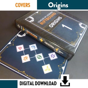 Pode incluir: Uma pasta preta e um tabuleiro azul com o texto "League of Legends Riftbound Origins 1". O tabuleiro apresenta uma rede de ícones coloridos. A palavra "COVERS" está no canto superior esquerdo.