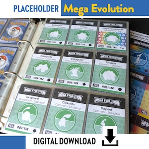 May include: A binder filled with Mega Evolution trading cards, featuring various Pokémon illustrations within green and white circles. The cards are labeled with text like "Exeggcute" and "Tangrowth". The image also includes the text "DIGITAL DOWNLOAD".