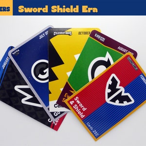 May include: Five different Pokemon trading card game booster packs from the Sword and Shield era. The packs are arranged in a stack with the top pack showing the Sword and Shield logo and the text "Cards 202". The other packs are visible in the background, showing the logos for the different sets: "Celebrations", "Evolving Skies", "Fusion Strike", and "Brilliant Stars".