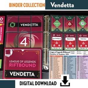 Pode incluir: Uma coleção de pastas para League of Legends Riftbound Vendetta, incluindo uma página de armazenamento de cartas com seis compartimentos, uma etiqueta de lombada, uma folha de capa e uma lista de verificação. O texto Vendetta, Riftbound e 4 é visível.