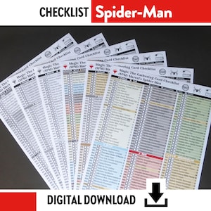 May include: A collection of Magic The Gathering card checklists, themed around Spider-Man. The image displays multiple sheets with a grid of boxes for checking off cards. The text includes "CHECKLIST Spider-Man" and "DIGITAL DOWNLOAD". The checklists are printed on white paper.