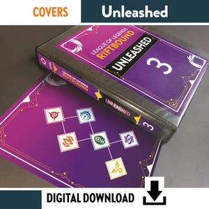 Pode incluir: Um produto digital para download com uma pasta e um tabuleiro de jogo. A pasta é preta com uma capa roxa que diz "League of Legends Riftbound Unleashed 3". O tabuleiro de jogo é roxo com uma rede de ícones.