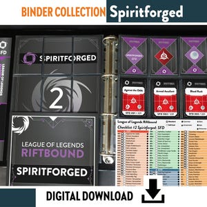 Pode incluir: Um fichário preto com o texto "BINDER COLLECTION Spiritforged" e "League of Legends Riftbound". Contém mangas de cartas com cartas e uma lista de verificação. As cartas apresentam "Against the Odds", "Armed Assailant" e "Blood Rush".