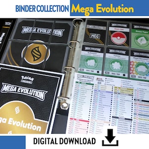 May include: A "Mega Evolution" trading card binder collection. The image displays a black binder with "Mega Evolution" text and a gold emblem. Inside, there are card sleeves with various cards and a checklist. The words "Digital Download" are also visible.