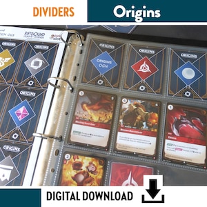 May include: A binder containing trading cards, each in a protective sleeve. The cards display diverse designs and colours, with the word "ORIGINS" prominently featured. Dividers are also visible. The image includes the text "DIGITAL DOWNLOAD".