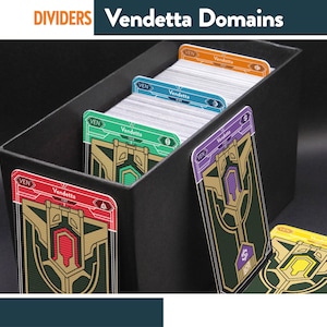 May include: A black storage box containing multiple Vendetta Domains game cards with colored tabs. The tabs are red, green, blue, orange, purple, and yellow, each featuring the text Vendetta and a unique icon. The cards are organized vertically.