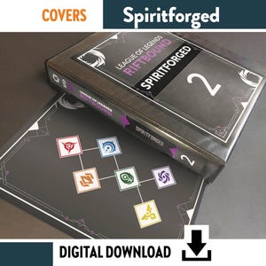 Pode incluir: Um produto digital para download com uma pasta e um cartão com um diagrama. A pasta está rotulada como "League of Legends Riftbound Spiritforged 2". O cartão exibe uma rede de ícones coloridos. A palavra "COVERS" está no topo.