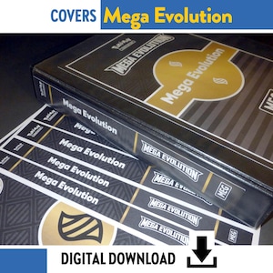 May include: A black and gold binder and labels featuring the text "Mega Evolution". The binder has a gold emblem and the letters "MEG". The words "COVERS" and "DIGITAL DOWNLOAD" are also visible.