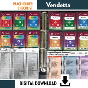 Pode incluir: Um fichário contendo duas fileiras de seis cartas colecionáveis coloridas rotuladas como Vendetta, apresentando runas Fury, Calis, Mind, Body, Chaos e Order. Abaixo do fichário estão duas listas de verificação brancas intituladas League of Legends Riftbound Checklist #4 Vendetta: VEN.