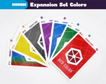 May include: A collection of colorful game cards, each featuring a unique geometric design and the text "ROMANCE DAWN" and "RED COLOR". The cards are arranged in a fan shape, showcasing a variety of colors including yellow, gray, purple, blue, green, and red.