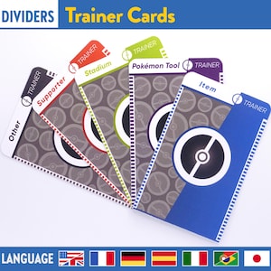 May include: Trainer card dividers with various labels including "Other", "Supporter", "Stadium", "Pokémon Tool", and "Item". Each card features a gray background with a repeating pattern and a colored border. The cards are fanned out against a white background.