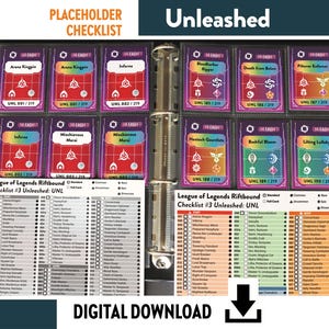Pode incluir: Um fichário com cartas colecionáveis e uma lista de verificação. As cartas têm designs coloridos e texto, com a palavra "Unleashed" no topo. A lista de verificação é para League of Legends Riftbound, com "Digital Download" na parte inferior.