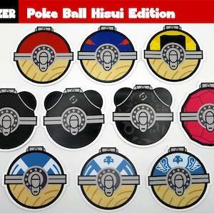 May include: Ten Poke Ball stickers in the Hisui Edition. The stickers feature different designs, including red, blue, black, yellow, and white. The stickers are round and have a shiny finish.