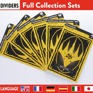 Könnte beinhalten: Ein Fächer aus gelben und schwarzen Kartentrennern mit Titeln wie "The Lord of the Rings" und "Kamigawa: Neon Dynasty." Die Karten haben ein einzigartiges Design und den Text "553 Cards." Das Bild enthält auch den Text "DIVIDERS Full Collection Sets."