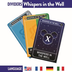 Pode incluir: Três divisores de jogo com o texto "Whispers in the Well" em azul, laranja e azul escuro. Cada cartão tem um design único e o título do jogo. A palavra "DIVIDERS" está no topo.