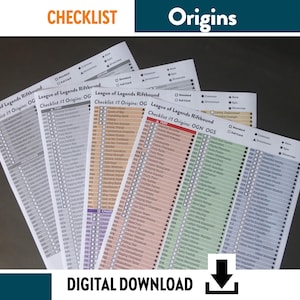 Puede incluir: Una pila de listas de verificación tituladas "League of Legends Riftbound Checklist #1 Origins" con varias secciones codificadas por colores. También se ven las palabras "CHECKLIST", "Origins" y "DIGITAL DOWNLOAD". Hay un icono de descarga.