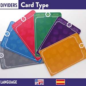 Pode incluir: Um conjunto de divisores de cartas coloridos, cada um com uma cor de fundo diferente e rotulado com texto como "Card Type", "Character" e "Action". As cartas estão dispostas em forma de leque, com uma borda branca.