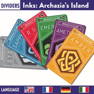 Pode incluir: Um conjunto de divisores de cartas coloridos com o texto "Archazia's Island". As cartas são azuis, vermelhas, verdes, roxas e amarelas, cada uma com um design único e os textos "Safira", "Rubi", "Esmeralda", "Ametista" e "Âmbar".