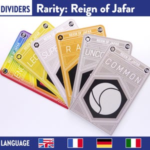 Pode incluir: Imagem de cartas colecionáveis do conjunto "Reign of Jafar", em leque. As cartas são rotuladas com diferentes raridades: Uncommon, Super Rare, Legendary e Common. Cada carta tem um design e esquema de cores únicos.