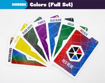May include: A set of color-coded dividers with the text "DIVIDERS Colors (Full Set)". Each card features a different color, including yellow, black green, purple, blue black, green, red blue, and multicolored. The cards have a geometric design.