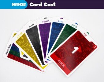 May include: A fan of colorful cards with the text "DIVIDERS Card Cost" at the top. The cards are labeled with colors: Multicolor, Yellow, Black, Purple, Blue, Green, and Red. Each card has a map design and the number 1.