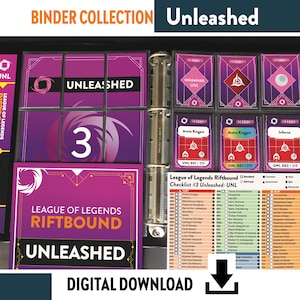Pode incluir: Um fichário com cartas League of Legends Riftbound. O fichário exibe o texto "Unleashed" e "3". As cartas têm um esquema de cores roxo e rosa, com o texto "League of Legends Riftbound" e "Digital Download".