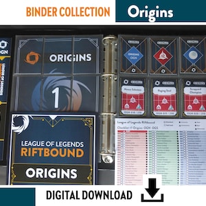 Peut inclure: Un classeur noir avec des pochettes remplies de cartes à collectionner League of Legends Riftbound Origins. Le classeur porte les mentions "BINDER COLLECTION" et "Origins". Les cartes présentent divers motifs et le texte "ORIGINS" et "LEAGUE OF LEGENDS RIFTBOUND".