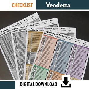 May include: A set of white paper checklists titled League of Legends Riftbound Checklist #4 Vendetta. The documents feature columns of text with checkboxes, organized by color-coded sections including tan, green, and purple, with a download icon.