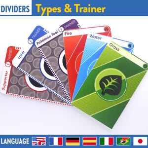 May include: A selection of card dividers for a card game, with labels such as "Supporter," "Item," and "Pokémon Tool." The cards have a white border and are labelled with text. The image also includes the text "Types & Trainer."