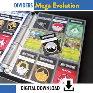 May include: A binder with card dividers labelled "Mega Evolution" and various card types. The dividers are in a clear plastic sleeve, with the text "DIGITAL DOWNLOAD" at the bottom. The cards have colourful graphics and text.
