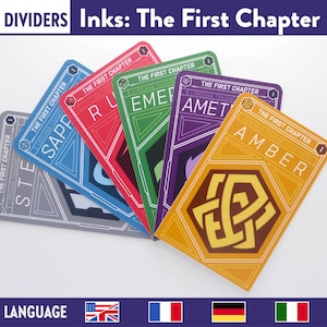May include: Six colorful cards with the text "The First Chapter" and different colored ink names: Steel, Sapphire, Ruby, Emerald, Amethyst, and Amber. Each card has a unique symbol and a number 1.