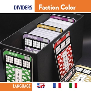 May include: A black storage box containing multiple card dividers with labels including Leaf Village, Sound Village, Sand Village, Independent, and Akatsuki. Each divider features a distinct color, a grid pattern, and Japanese text characters.
