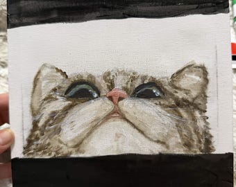 Dipinto di gatto fatto a mano, con faccia buffa da meme, opera d'arte da parete di medie dimensioni, oggetto da collezione.