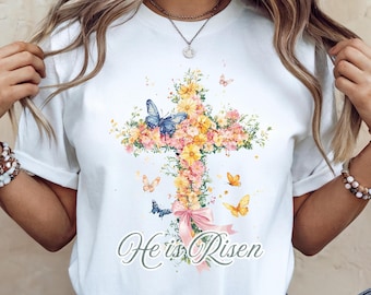 Er ist auferstandenes Blumen-Ostern-T-Shirt für sie, Kokette christliches Hemd, Jesus-Geschenk für religiöse Mädchen
