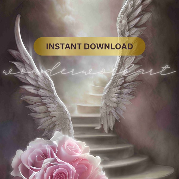 Stairway to Heaven Printable Background for Devotional Design Roses Memorial Digital Art Angel Wings Memorial png Rest in Heaven Backdrop