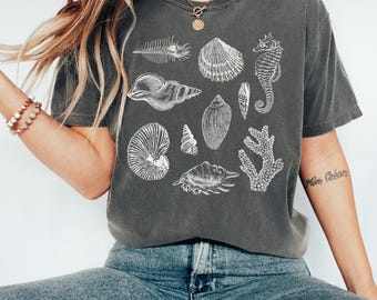 Ocean Girl Comfort Colors® T-Shirt, Vintage Sea Shell Print Oversized Summer Shirt