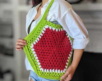 かぎ針編みのスイカショルダーバッグのパターン：ボヘミアンコテージコアトートバッグ（PDF）