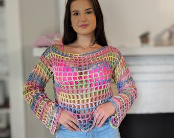 Colorful mesh jumper crochet pattern/Crochet Mesh Jumper/ Mesh sweater/ Fishnet bright sweater/Crochet Mesh colorful top
