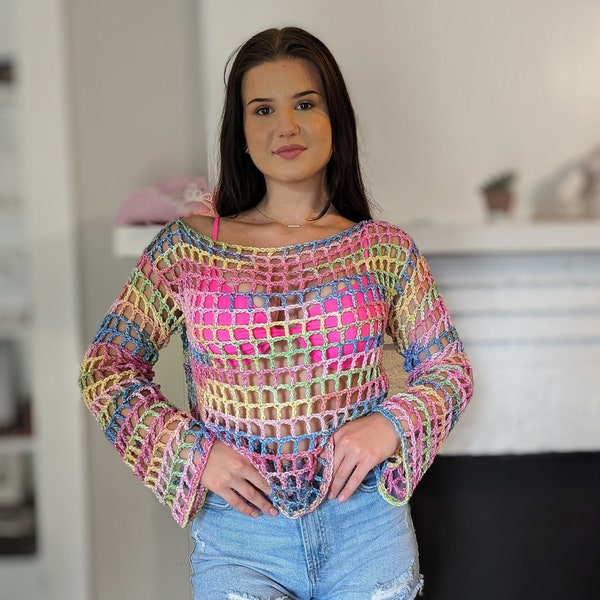 Modèle au crochet de pull en résille coloré/Pull en résille au crochet/Pull en résille/Pull résille lumineux/Top coloré en résille au crochet