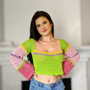 Cropped Shrug häkeln / Häkeln Netz Pullover / Shrug Muster / Kurzer Pulli / Fischnetz bunter Pullover / Buntes häkeln Crop Top