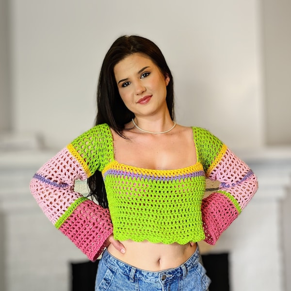 Cropped shrug crochet pattern / Crochet Mesh Jumper / Shrug Pattern / Short sweater / Fishnet bright sweater / Crochet colorful crop top