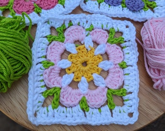 Schema all'uncinetto per quadrati della nonna a forma di fiore: tutorial per principianti (download digitale)