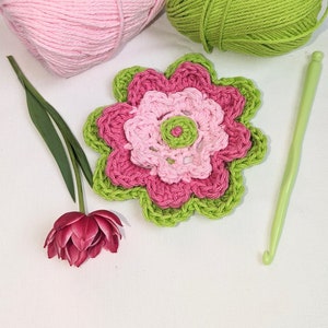 May include: A pink and green crocheted flower with a green crochet hook and two balls of yarn, one pink and one green.